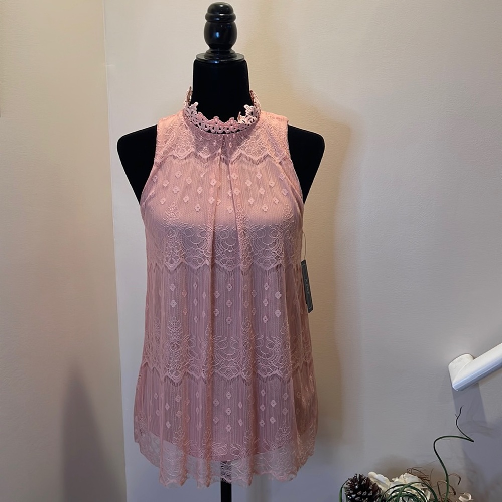 A. Byer Pink Pleated Mandarin Collar Blouse